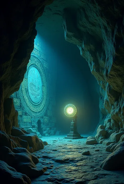 "Illustrate the cave walls being covered with glowing, ancient script or illustrations as the device reveals the hidden knowledge. The scene should reflect awe and wonder."