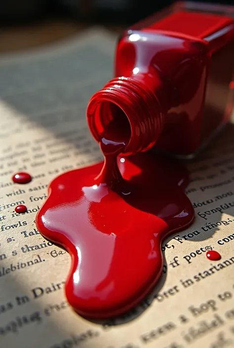 Drawing of a bottle of red nail polish spilled on an open school literature book near the camera close up