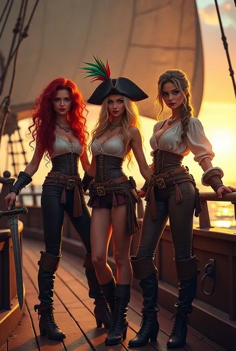 three female pirates, one red head, one blonde, and one brunette, 18th century, on deck of pirate