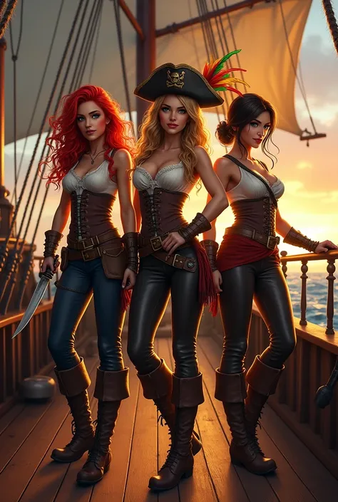 three female pirates, one red head, one blonde, and one brunette, 18th century, on deck of pirate