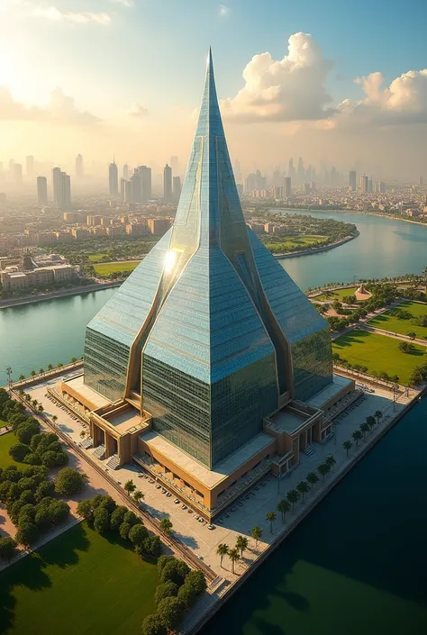 An aerial view of a majestic modern pharaonic pyramid with traces of 21st century modern architecture on the banks of the Nile River contrasting with the surrounding city