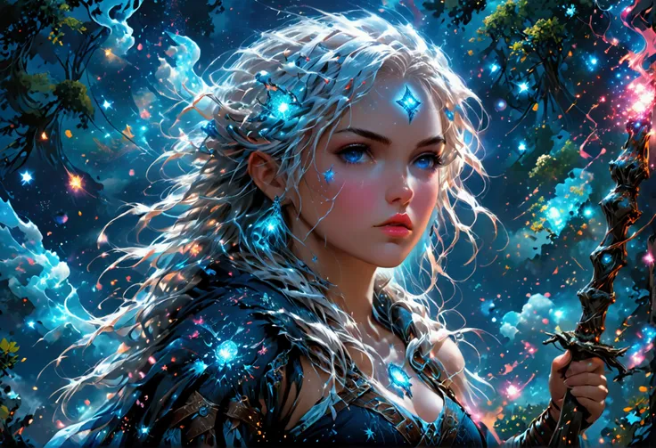 comic art , dnd art, rpg art, realistic art, female human druid of the stars, guardian of nature, controlling magical energy mad...