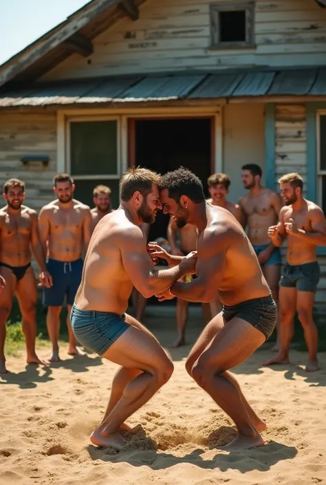 Strong, hairy men wrestling in their underwear on the sand, surrounded by other men in the back of a plot of land of an old house.