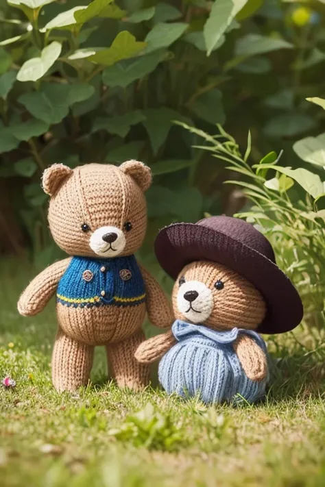 Knitted toy bear, Small anthropomorphic animals, Wearing a 17th century hat and antique clothing, Macro photography in the midst of lush grass, Dewdrops reflecting the surrounding environment, Very elaborate toy, I can see all the yarn in the toy., I can s...