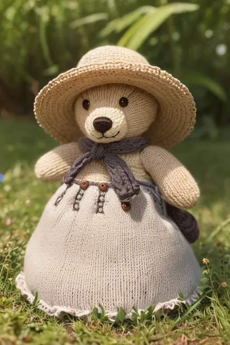 Knitted toy bear, Small anthropomorphic animals, Wearing a 17th century hat and antique clothing, Macro photography in the midst of lush grass, Dewdrops reflecting the surrounding environment, Very elaborate toy, I can see all the yarn in the toy., I can s...