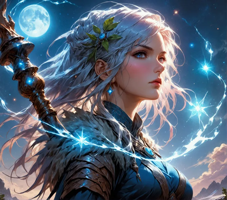 comic art , dnd art, rpg art, realistic art, female human druid of the stars, guardian of nature, controlling magical energy mad...