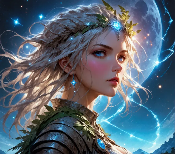 comic art , dnd art, rpg art, realistic art, female human druid of the stars, guardian of nature, controlling magical energy made of stars, swirling blue stary magical light, divine symbols, (under the sky filled with stars: 1.4, human female, busty, extre...