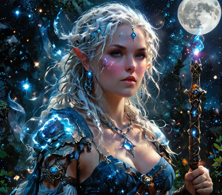 comic art , dnd art, rpg art, realistic art, female human druid of the stars, guardian of nature, controlling magical energy made of stars, swirling blue stary magical light, divine symbols, (under the sky filled with stars: 1.4, human female, busty, extre...