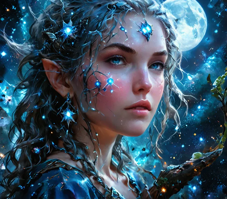 comic art , dnd art, rpg art, realistic art, female human druid of the stars, guardian of nature, controlling magical energy made of stars, swirling blue stary magical light, divine symbols, (under the sky filled with stars: 1.4, human female, busty, extre...