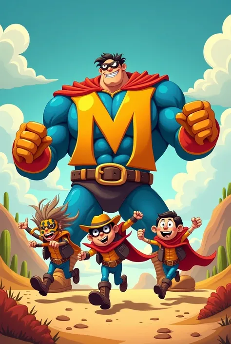 Make for me in cartoon form 3 bandits running desperately from the Letter M giant hero