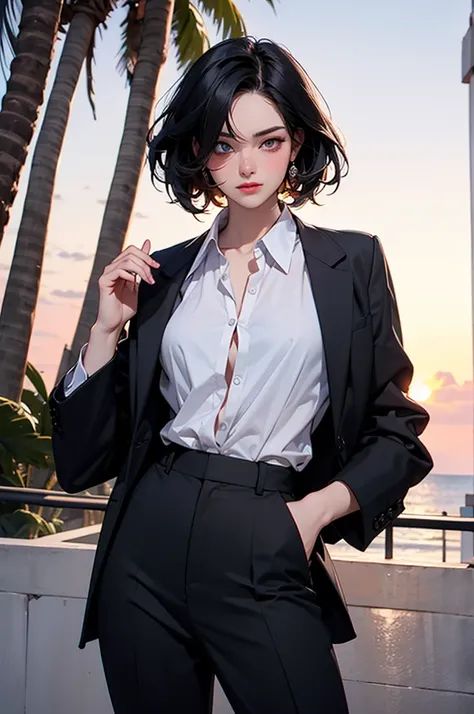 retro girl, short black hair, covering eyes, heterochromia eyes, pale skin, serious, black suit top, red dress shirt (few buttons undone), stright dress pants, Miami, sunset, palm tree, 