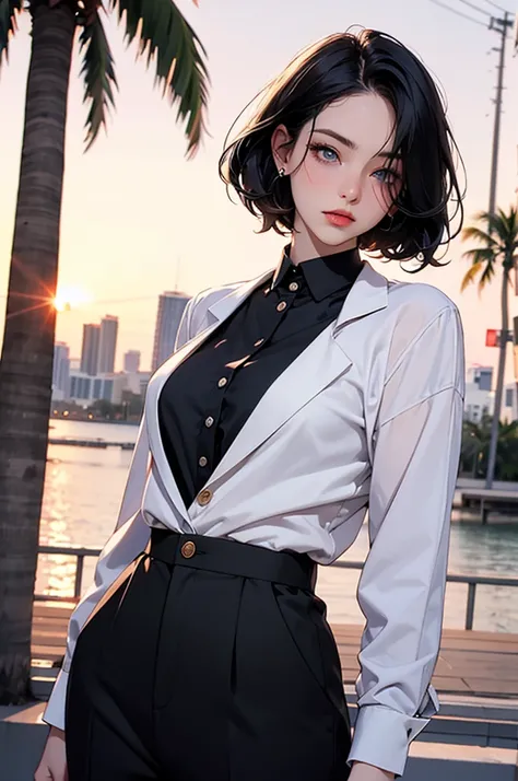 retro girl, short black hair, covering eyes, heterochromia eyes, pale skin, serious, black suit top, red dress shirt (few buttons undone), stright dress pants, Miami, sunset, palm tree, 