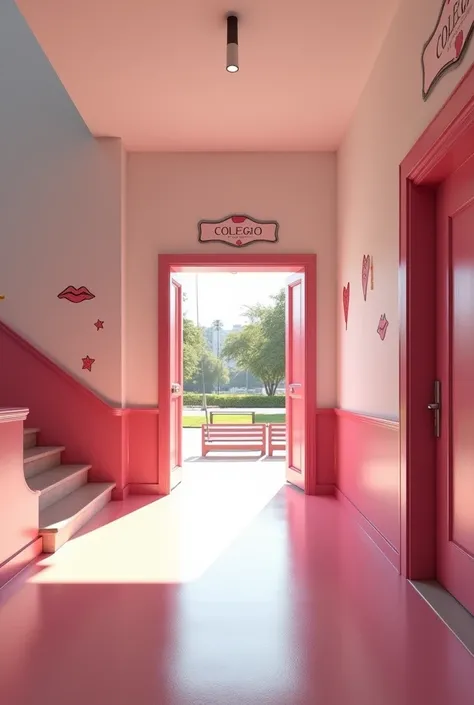 (photorealism:1.2) 
In a pink and white classic school hallway, At the end of the hallway theres a pink big school open door that leads to the school inside yard, A sign that reads the words "Colegio Coquetas" is over that door, and many drawings of 💋 can ...