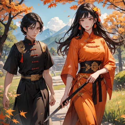  beautiful woman black-haired male general holding a large sword in ancient Chinese general costume, walking In the middle of a spring mountain ,the backdrop is a mountain that turns orange-red in spring, and maple leaves fall from the trees.