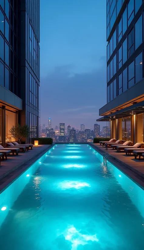 A luxurious rooftop pool in a modern city, surrounded by sleek glass buildings. The pool is illuminated by soft, underwater LED lights, and the city lights twinkle in the background as night falls.