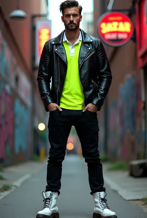 A man in a leather jacket, underneath the fluorescent green t-shirt and part of the white polo shirt is visible, that he wears black pants and white boots