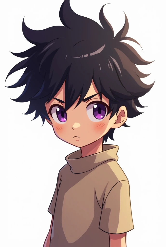 アニメ, Brown boy with black hair, purples eyes, cloused mouth, PNG Tuber, white background.