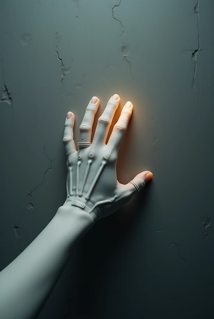 A human hand, seemingly made of a smooth, pale skin. The hand is extended, with the index finger emitting a soft glow. The background is a textured gray surface with visible cracks and patches. The hand appears to be reaching out or grasping the object wit...