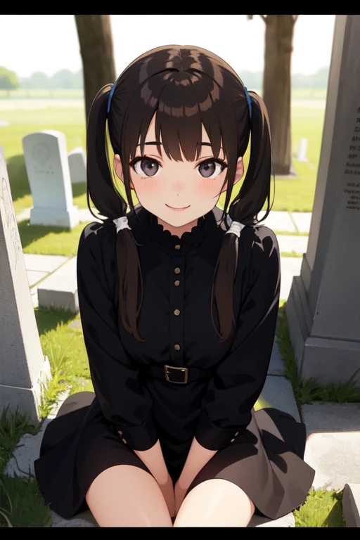 Girl with long dark brown hair with straight bangs in two pigtails, slightly slanted black eyes, black style dress, BLACK LIPS, sitting on a grave looking at the camera and smiling shyly in anime