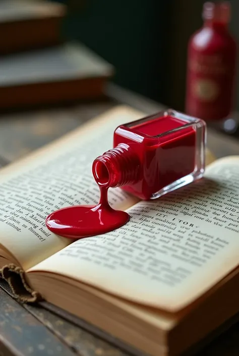 Drawing of a bottle of wine red nail polish spilled on an open school literature book on a desk, close to the camera 