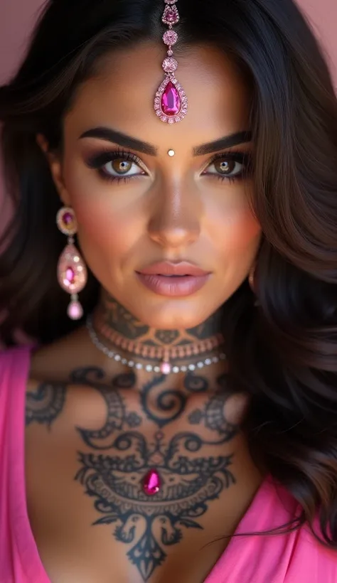 Pink tattoos on face and little pink diamond jewelry tanned skin arab hairs style Arabian figure eternal lady face lips bite tease hyperealism photorealistic 7k best background wallpaper makeup model style hairs Arabian makeup siren eyes arab bad tattoos o...