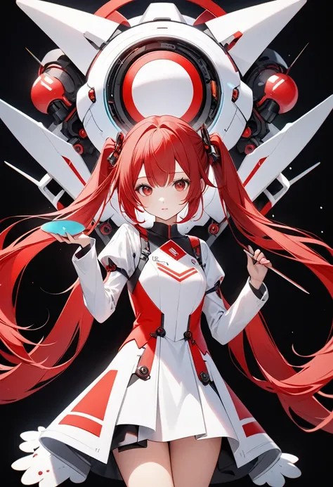 high quality, High resolution, High-precision images,8k 1 Robot Girl、Redhead,Twin tails,Red eyes,
 Decoration、 ,(Holding red and white clothing in one hand),,He&#39;s wearing flashy robot armor.Holding a red and white sword,、blue sky.fly in the sky,Side vi...