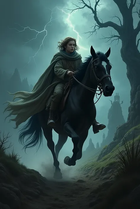 Frodo fleeing on the horse of the 9 specters 
