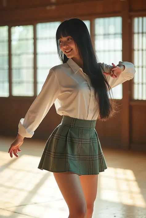 A smiling Japanese high school girl with straight black hair is practicing kung fu. It&#39;s like a photo.。

The uniform is a white shirt。

The skirt is green and grey checkered and all black.。

Skirt length is shorter than above the knee。
The length of th...