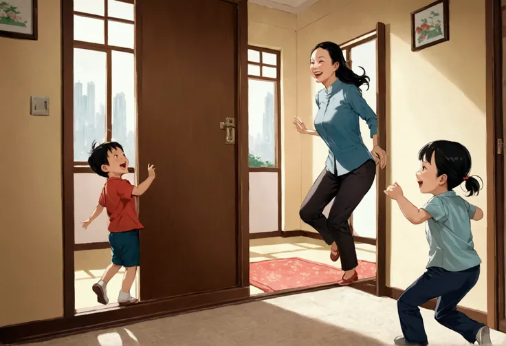 A small kid running up to her mother, Chinese, mother is a bank accountant, side view, Chinese apartment, right proportions, kid running from left, mother sitting on right, both laughing, happy environment 