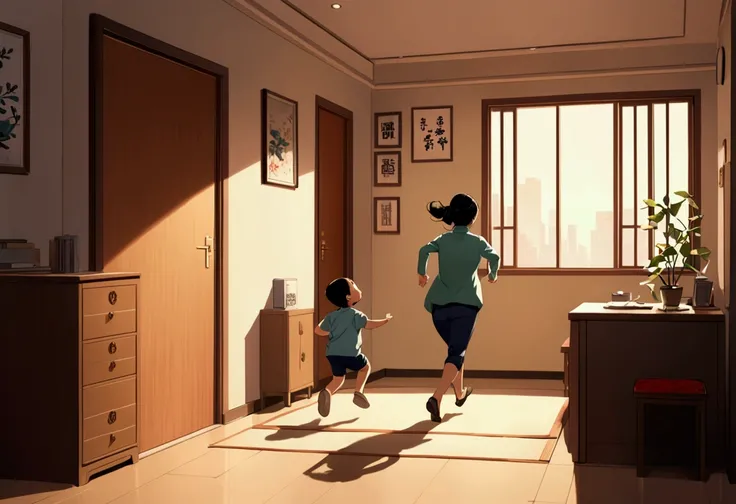 A small kid running up to her mother, Chinese, mother is a bank accountant, side view, Chinese apartment, right proportions, kid running from left, mother sitting on right, both laughing, happy environment 