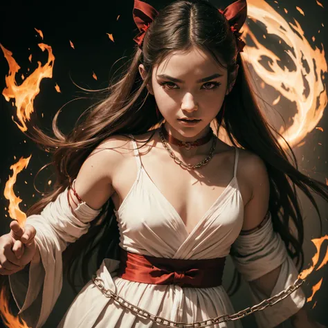 portrait of a young demon warrior princess wearing a short white robe and a red bow tied in a chain tied around neck, in full growth, 8k, sharp focus, dynamic shot, Fire, demon