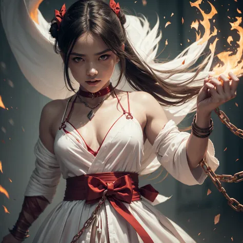 portrait of a young demon warrior princess wearing a short white robe and a red bow tied in a chain tied around neck, in full growth, 8k, sharp focus, dynamic shot, Fire, demon