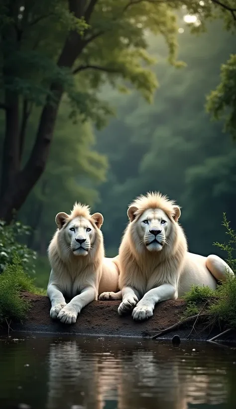 ((masterpiece)), ((high resolution)), ((professional photography)), ((National Geographic photo)), a pair of large white lions, on the river bank, in the dark of  jungle, shady lighting, realistic photo, very detailed, 8K, UHD