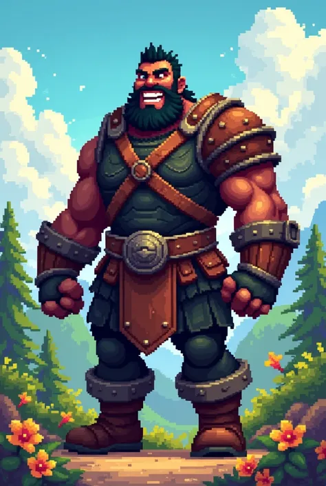 Big Muscular black barbarian in pixel art (small) 
Who is a bit joyfull character
