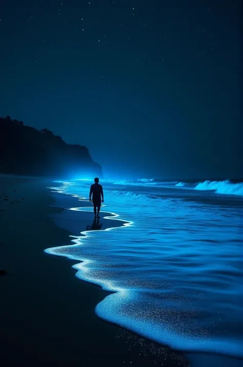 "A nighttime beach scene with vibrant, glowing blue waves crashing onto the shore. A silhouette of a person walks along the beach, leaving a trail of glowing footprints. Above, a faint, starry sky adds to the mystical atmosphere. The overall design is dark...