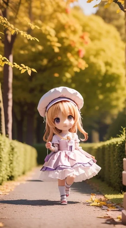 Cute baby chibi anime,(((chibi 3d))) (Best quality) (Master price)、Chibi model、white and purple dress、Tiger head hat、Autumn in the fairytale forest、Lots of realistic roses、In both hands、There is a gun