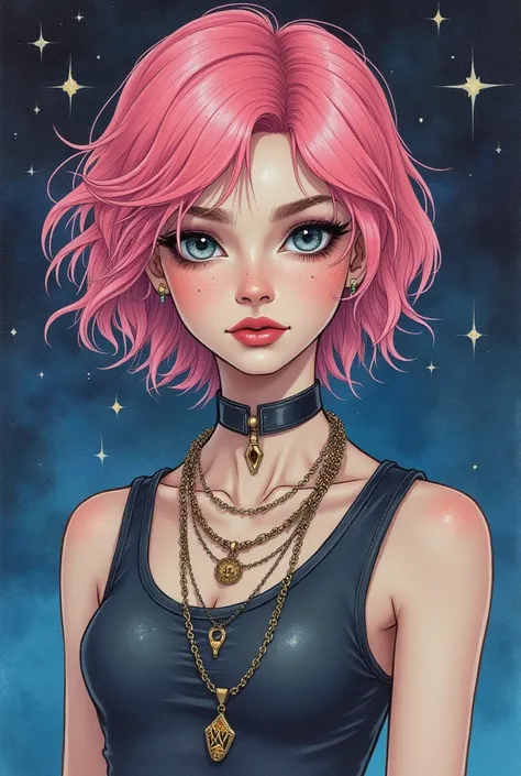 (masterpiece),(best quality:1.1),Best Illustration,Fine details,(Watercolor)floating,1 Girl,Solitary,13 years old,Slim,Beautiful face,beautiful eyes,Pink Hair,(Messy hair),(Wearing a heavy metal punk style outfit ),weak,Official Art, Matte tinting, 1970s, ...