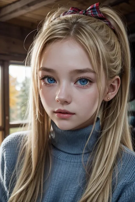 A girl, 18 years, with very long blonde hair, with two ponytails, blue eyes, round face, small nose, small mouth, thick lips, Small ears, dressed in a blue turtleneck sweater, with a plaid skirt, with red ribbons in her hair, in a house in the forest, smil...