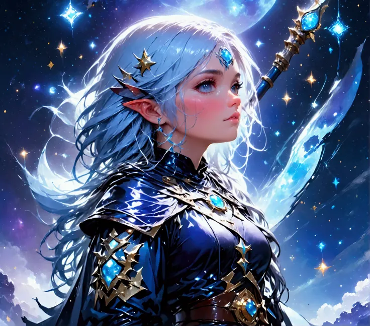 comic art , dnd art, rpg art, realistic art, female human druid of the stars, guardian of nature, controlling magical energy made of stars, swirling blue stary magical light, divine symbols, (under the sky filled with stars: 1.4), human female, busty, extr...