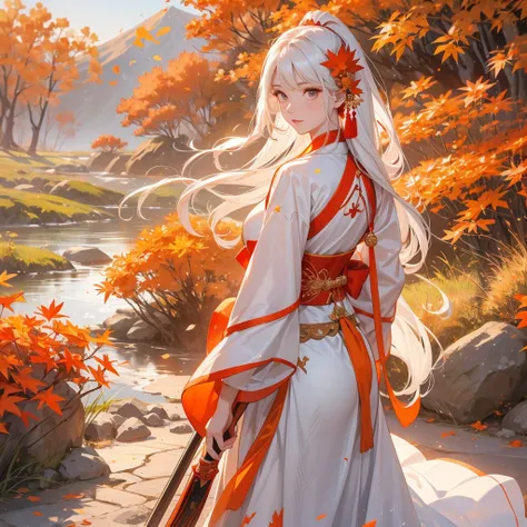 A beautiful female general holding a big spear in white ancient Chinese general costume, walking In the middle of a spring mountain ,the backdrop is a mountain that turns orange-red in spring, and maple leaves fall from the trees.The sun shines and the sun...