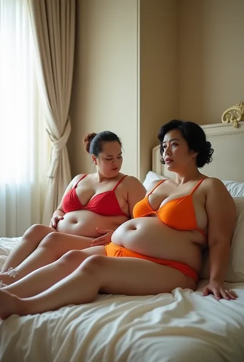 2 Japanese Women, Mature Women, 60 Years Old, Big Breasts, Big Ass, Plump, Legs Spread Wide (Best Quality, Amazing Details, Ultra High Definition), (Realism: 1.4), Mature Women , slightly thicker, micro bikini, in the bedroom, masterpiece, top quality