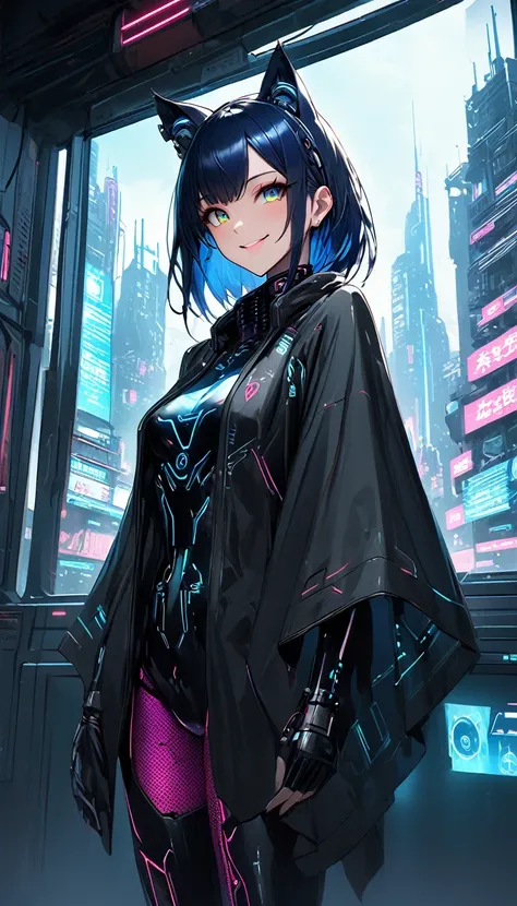 High resolution。Accurate depiction。Real。Film-like grain。Cyberpunk city seen from a large window in a sci-fi room, smile。Hologram sign,。Medium dark blue hair。Gynoid standing.masterpiece,Cyberpunk black clothes。Shiny black poncho。Machine Eyes。Cat ear。