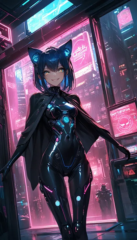 High resolution。Accurate depiction。Real。Film-like grain。Cyberpunk city seen from a large window in a sci-fi room, smile。Hologram sign,。Medium dark blue hair。Gynoid standing.masterpiece,Cyberpunk black clothes。Shiny black poncho。Machine Eyes。Cat ear。