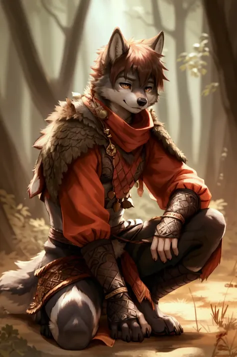 wolf clan boy，brown，kneeling，