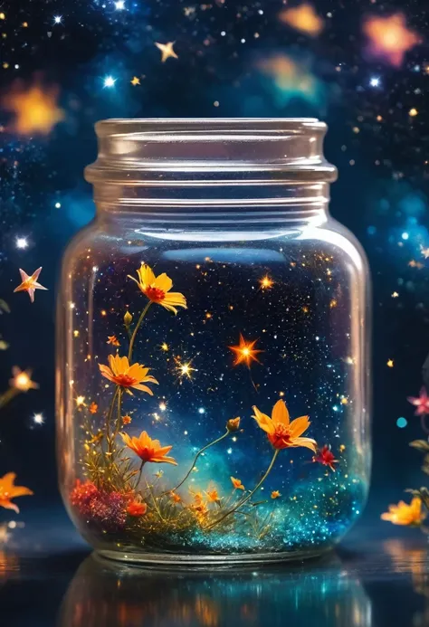 close-up of glass jar, starry sky in a jar, miniature cosmos, twinkling stars, colorful nebula, galaxy, cosmic dust, glass refle...