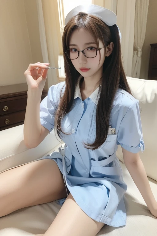 highest quality、masterpiece、high sensitivity、high resolution、detailed description、slender women、glasses、nurse uniform、