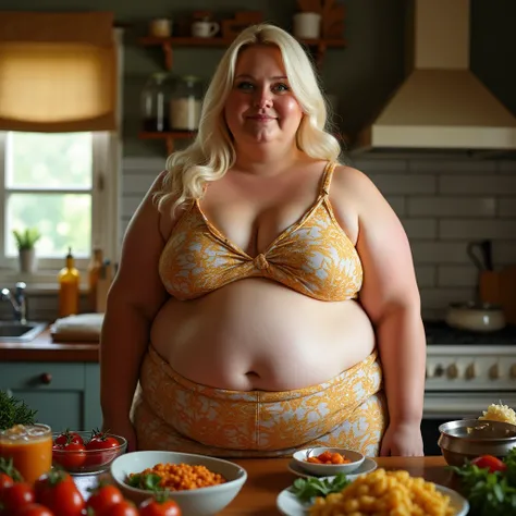 200kg woman is obese and overweight with a lot of fat on her belly and buttocks, she has gained weight from eating too much, she has blonde hair and is obese with a very large belly, her belly and buttocks are bulging and covered with a lot of fat and she ...