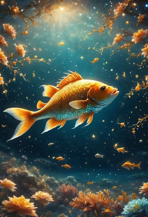 a fish constellation swimming in the sea of stars, fantasy, (best quality,4k,8k,high resolution,masterpiece:1.2),extremely detai...