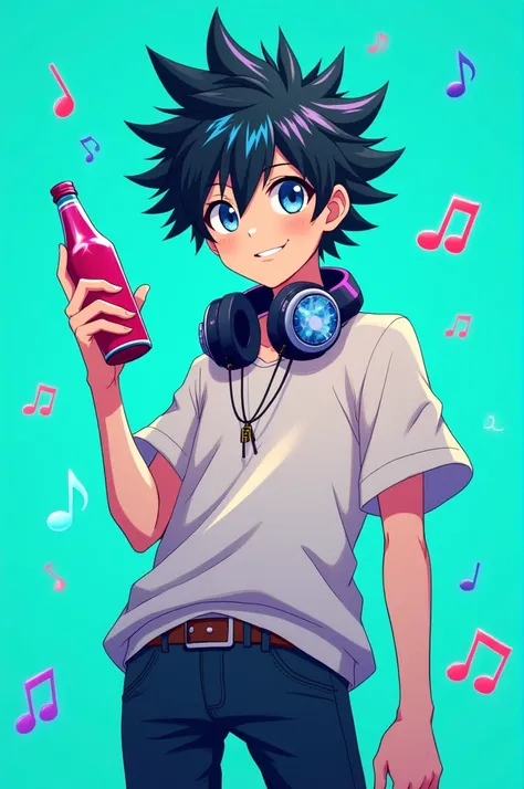 19 year old anime boy with turquoise background wearing headphones and holding a bottle 