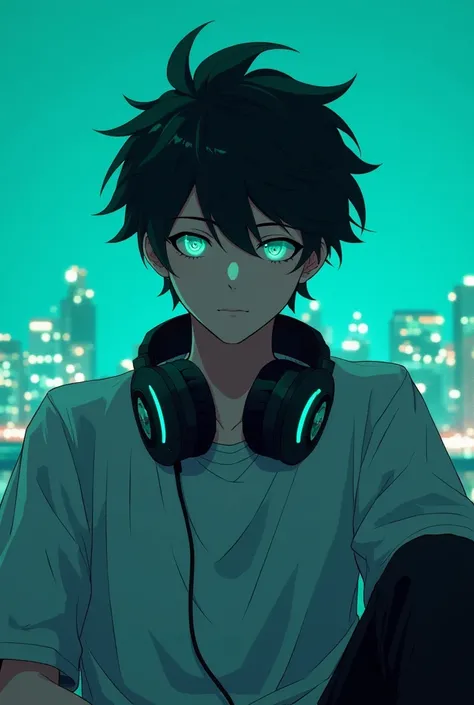 19 year old anime boy with turquoise background wearing headphones and a bottle Dull look And night landscape background 